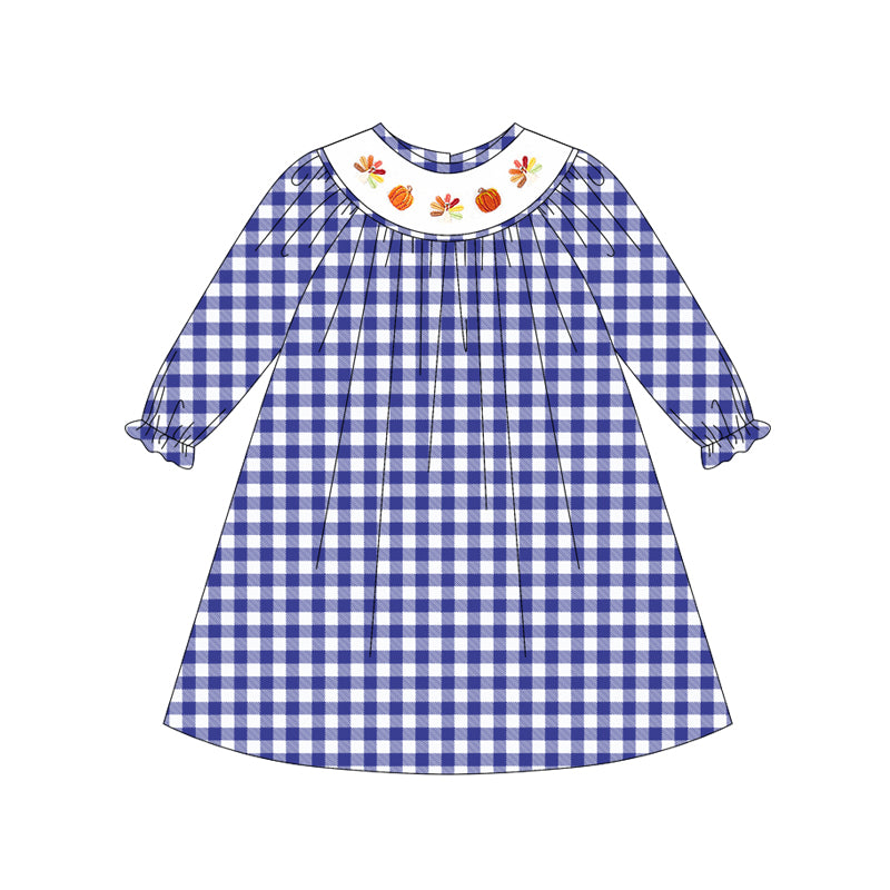 preorder GLD1041 smocked Thankgiving turkey pumpkin blue checkered long sleeve girls dress