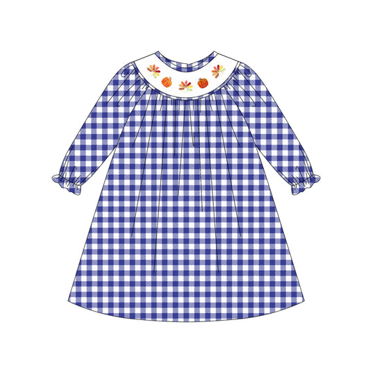 preorder GLD1041 smocked Thankgiving turkey pumpkin blue checkered long sleeve girls dress
