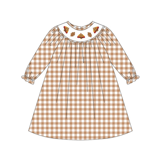 preorder GLD1042 smocked Thankgiving turkey khaki checkered long sleeve girls dress