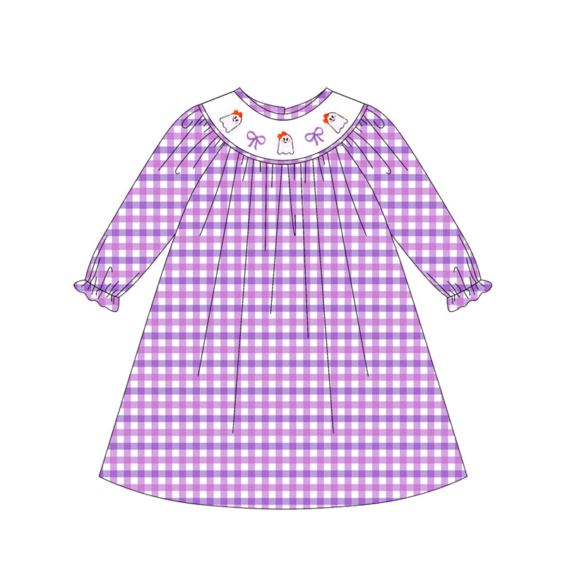 preorder GLD1043 smocked Halloween spooky bows purple checkered long sleeve girls dress