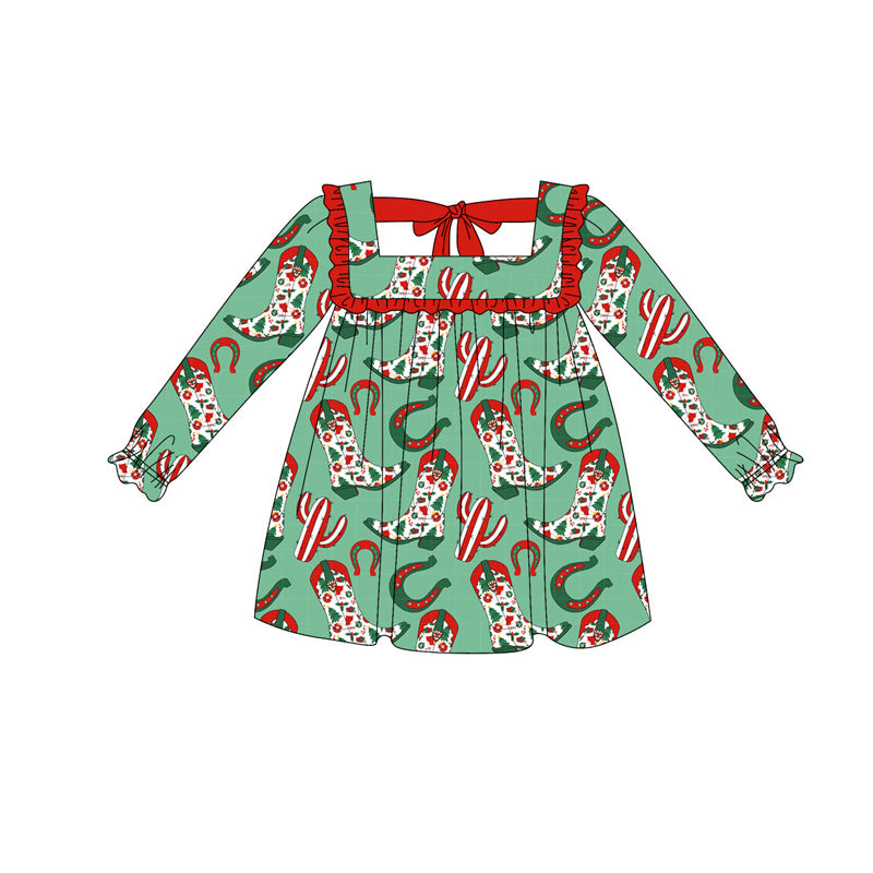 preorder GLD1056 Western Christmas boot green long sleeve girls dress
