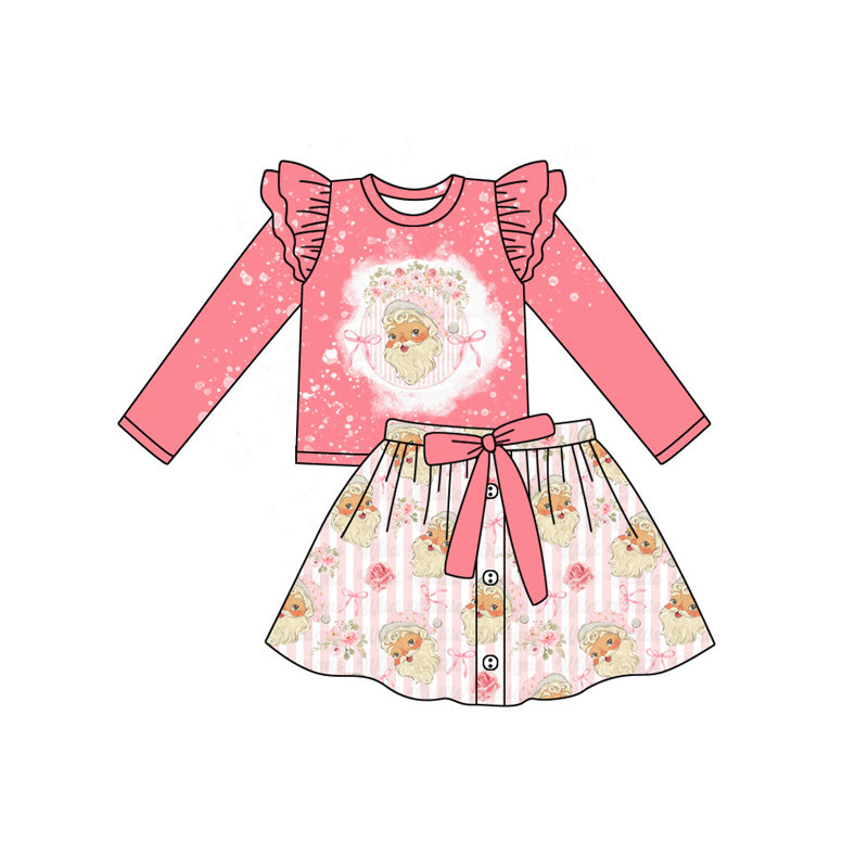 preorder GLD1067 Christmas Santa bows pink long sleeve skirt with shorts girls set