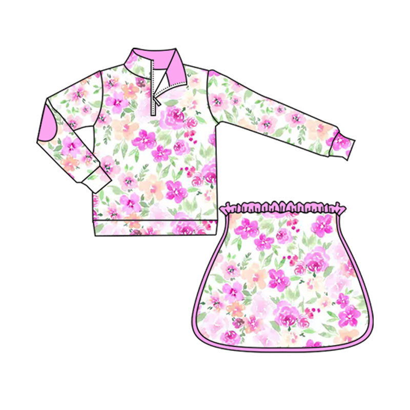 preorder GLD1076 hot pink flowers zipper long sleeve skirt with shorts girls set