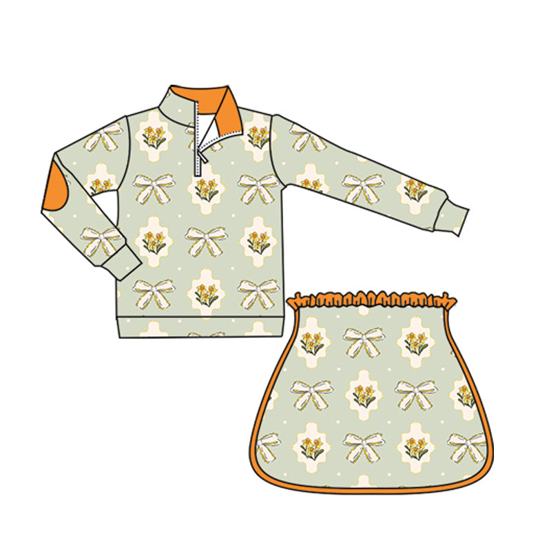 preorder GLD1079 yellow flowers bows orange long sleeve zipper skirt with shorts girls set