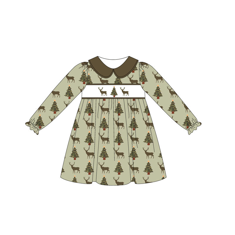 preorder GLD1081 hunting deer tree dark green long sleeve girls dress