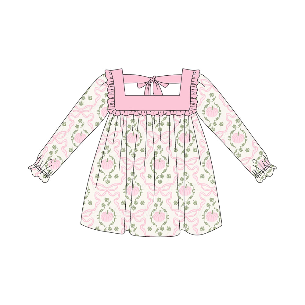 preorder GLD1083 pink pumpkin bows long sleeve girls dress