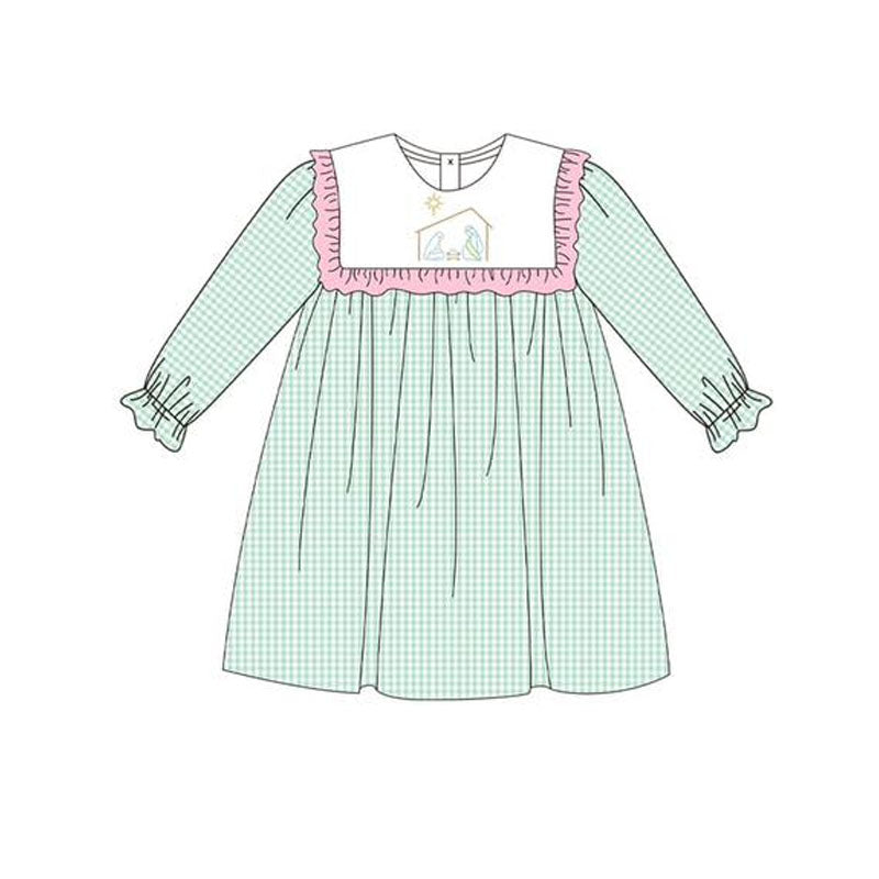 preorder GLD1088 the nativity green checkered long sleeve girls dress