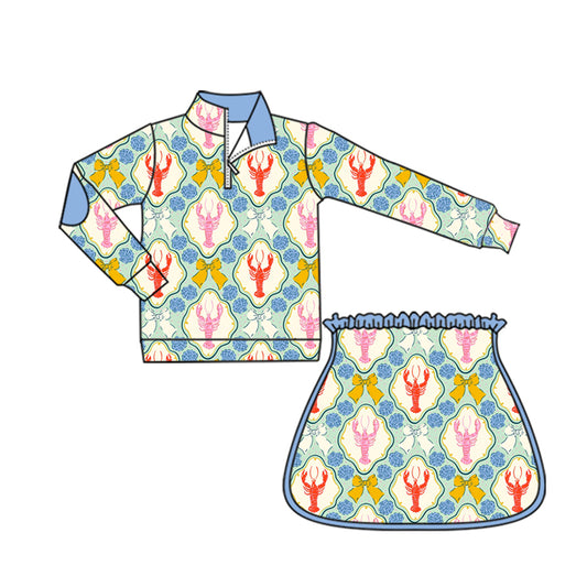 preorder GLD1096 yoga colorful crayfish bows blue zipper long sleeve skirt skorts girls set