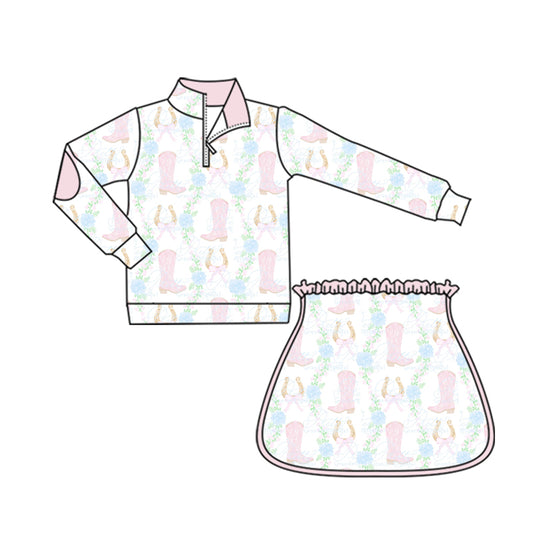 preorder GLD1098 yoga Western boors flowers pink zipper long sleeve skirt skorts girls set