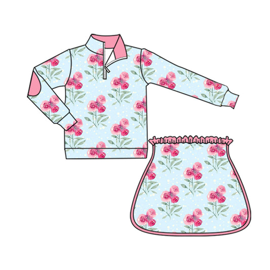 preorder GLD1099 yoga hot pink flowers rose blue zipper long sleeve skirt skorts girls set