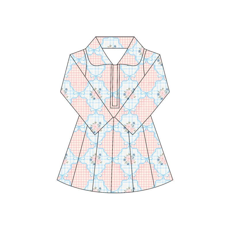 preorder GLD1101 yoga pink flowers checkered blue zipper long sleeve girls dress skorts