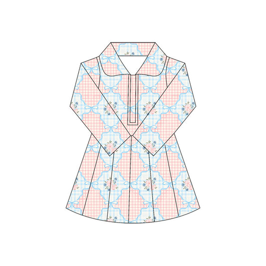 preorder GLD1101 yoga pink flowers checkered blue zipper long sleeve girls dress skorts