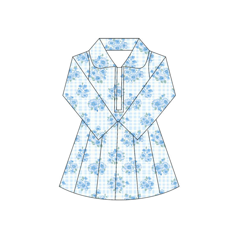 preorder GLD1103 yoga blue flowers checkered zipper long sleeve girls dress skorts