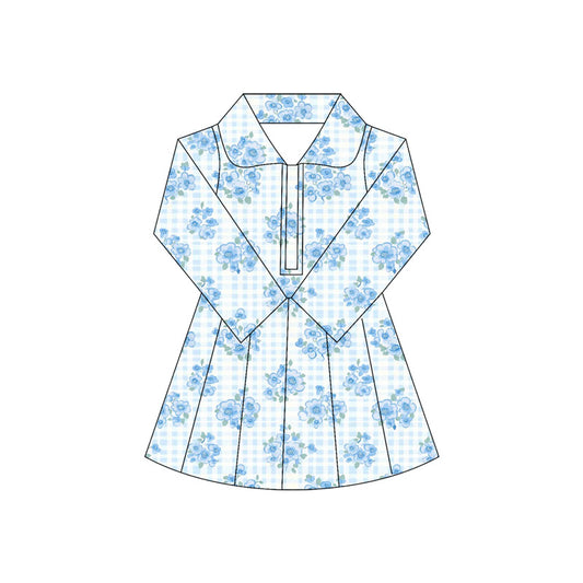preorder GLD1103 yoga blue flowers checkered zipper long sleeve girls dress skorts