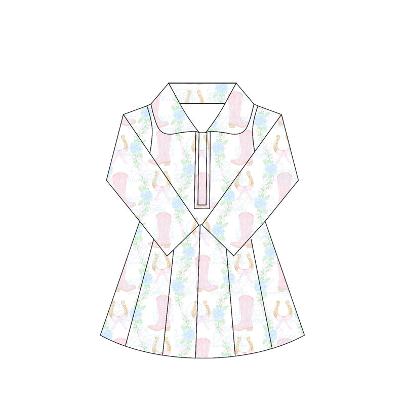 preorder GLD1104 yoga Western boots flowers pink zipper long sleeve girls dress skorts