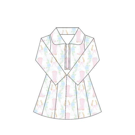 preorder GLD1104 yoga Western boots flowers pink zipper long sleeve girls dress skorts
