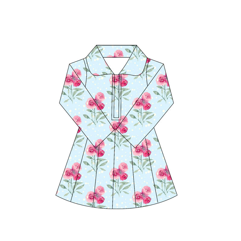 preorder GLD1105 yoga hot pink flowers blue zipper long sleeve girls dress skorts