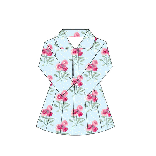 preorder GLD1105 yoga hot pink flowers blue zipper long sleeve girls dress skorts