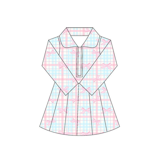 preorder GLD1106 yoga pink bows blue checkered zipper long sleeve girls dress skorts