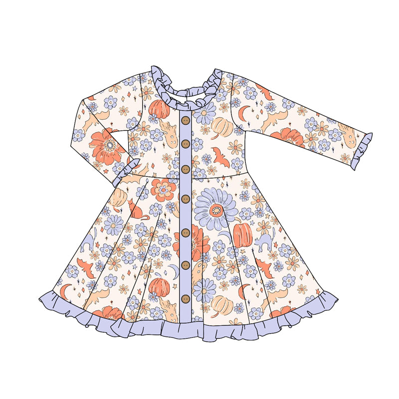preorder GLD1107 Autumn pumpkin flowers purple long sleeve girls dress