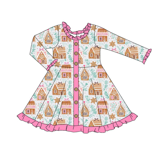 preorder GLD1108 Christmas gingerbread house pink long sleeve girls dress