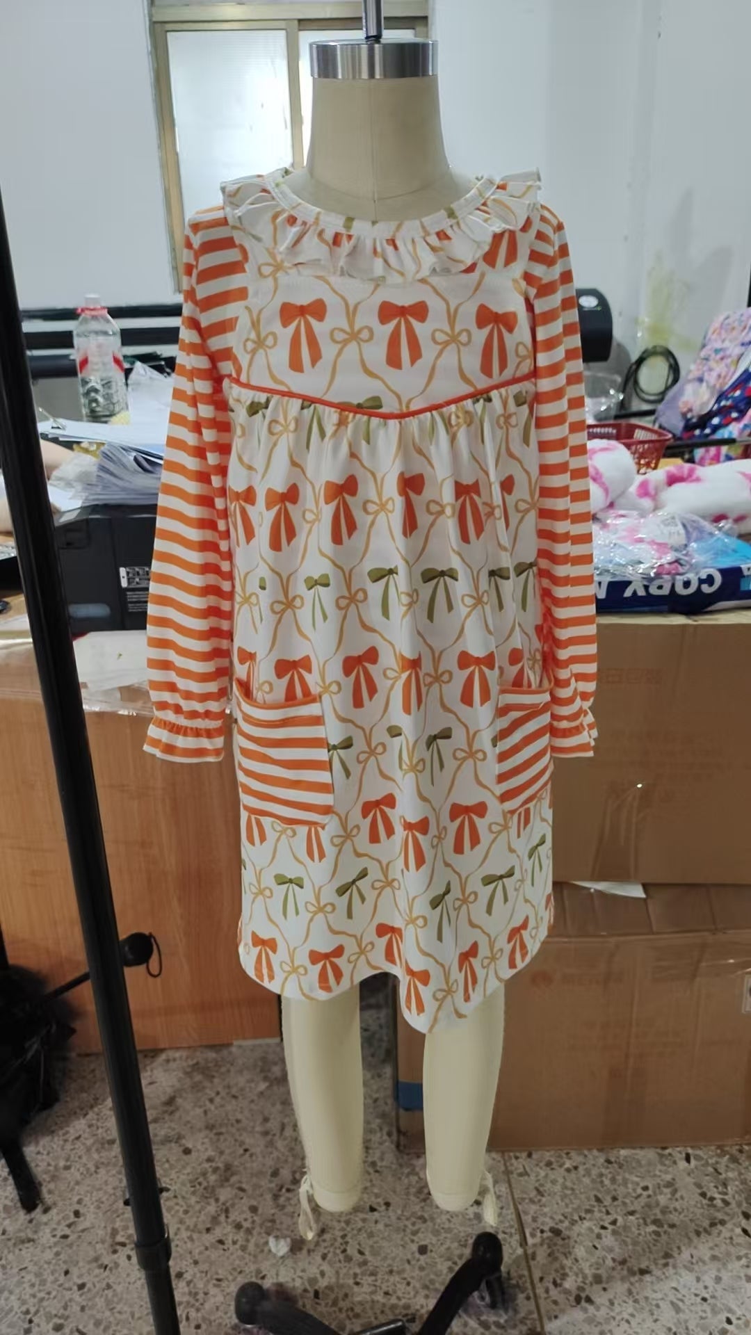 GLD1110 orange striped long sleeve orange/green bows pockets dress girls dress
