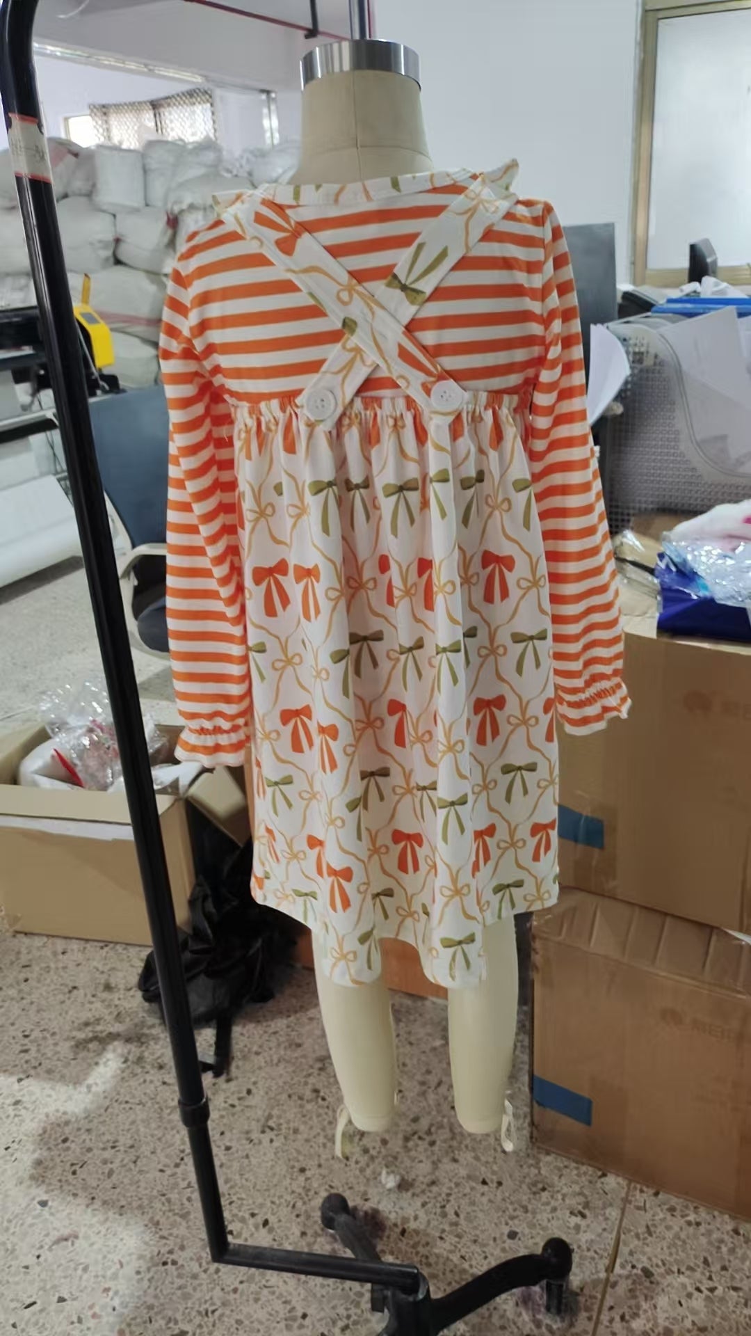 GLD1110 orange striped long sleeve orange/green bows pockets dress girls dress