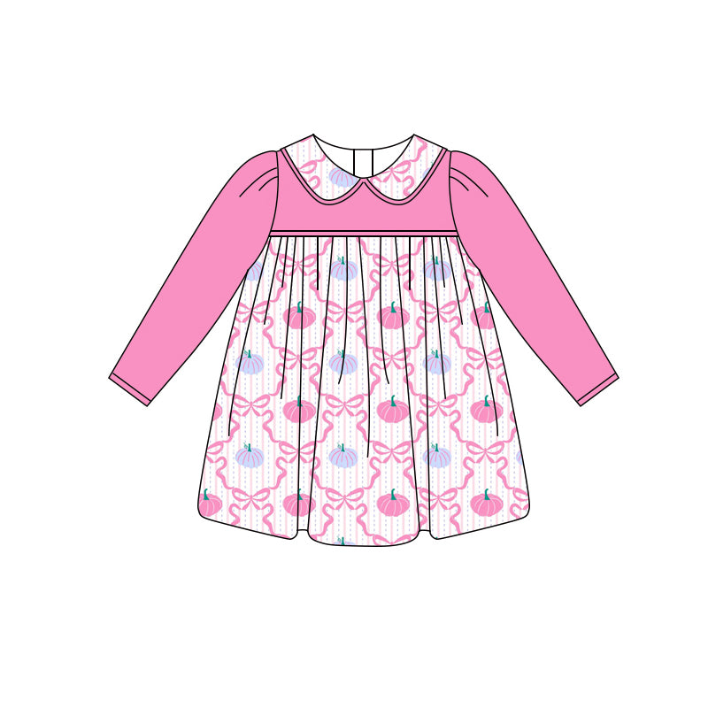 preorder GLD1118 Autumn hot pink pumpkin bows long sleeve girls dress