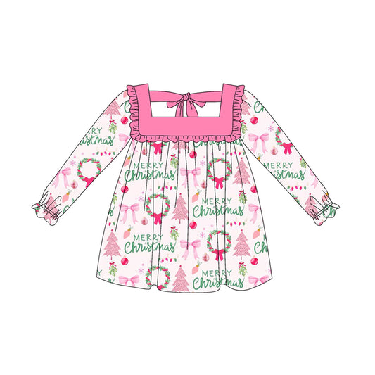 preorder GLD1119 Merry Christmas bow tree hot pink long sleeve girls dress