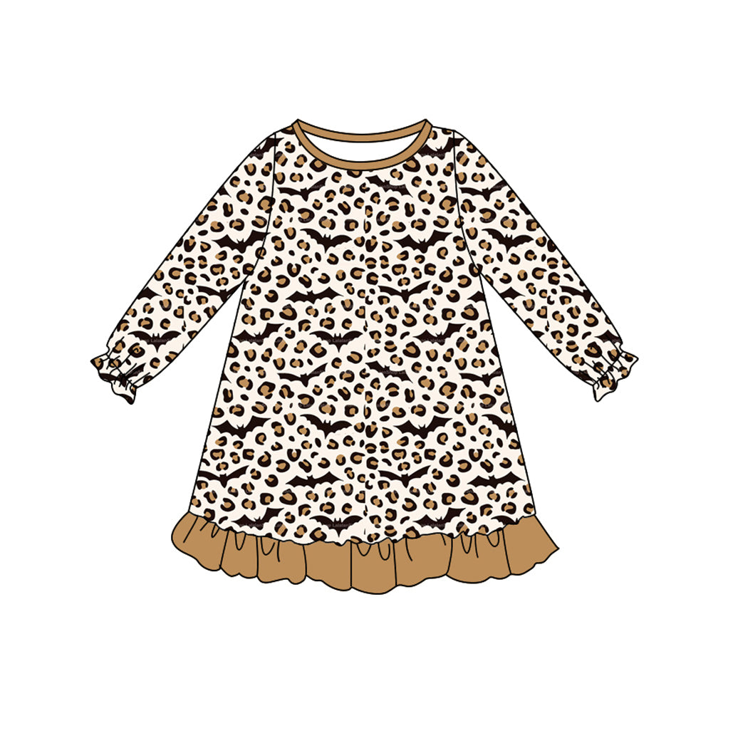 preorder GLD1125 Halloween leopard bat khaki long sleeve girls dress