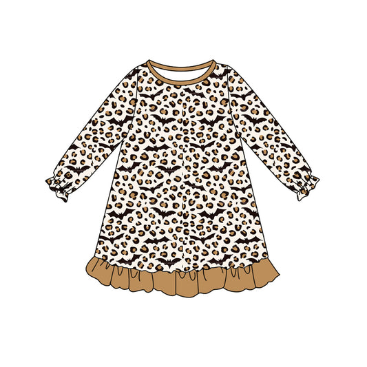preorder GLD1125 Halloween leopard bat khaki long sleeve girls dress