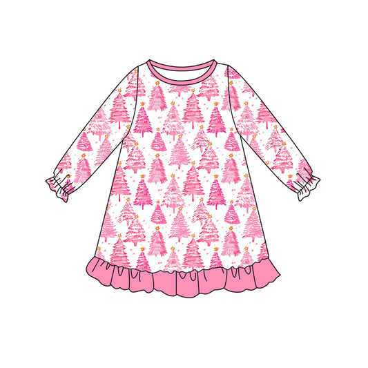 preorder GLD1126 Christmas hot pink tree long sleeve girls dress