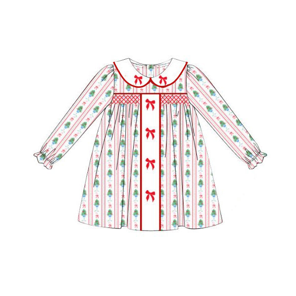 preorder GLD1127 Christmas tree bows pink red long sleeve girls dress