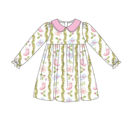 preorder GLD1133 Christmas holly berry gift long sleeve girls dress