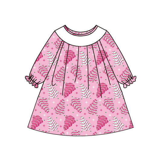 preorder GLD1137 Christmas tree season cake hot pink long sleeve girls dress