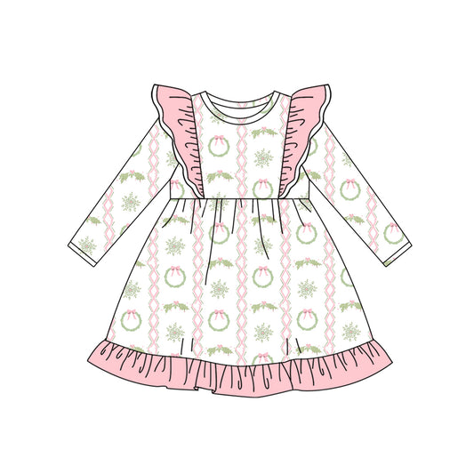 preorder GLD1141 Christmas holly berry pink ruffles long sleeve girls dress