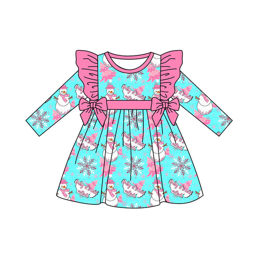 preorder GLD1142 Christmas snowman hot pink bows ruffles long sleeve girls dress