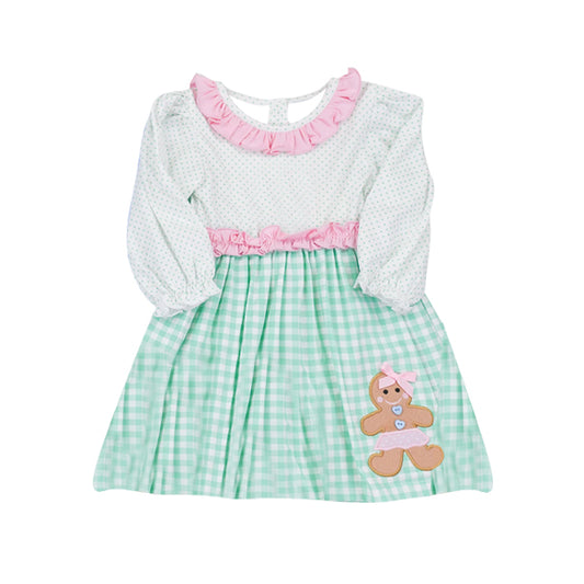 preorder GLD1143 Christmas gingerbread man green checkered long sleeve girls dress