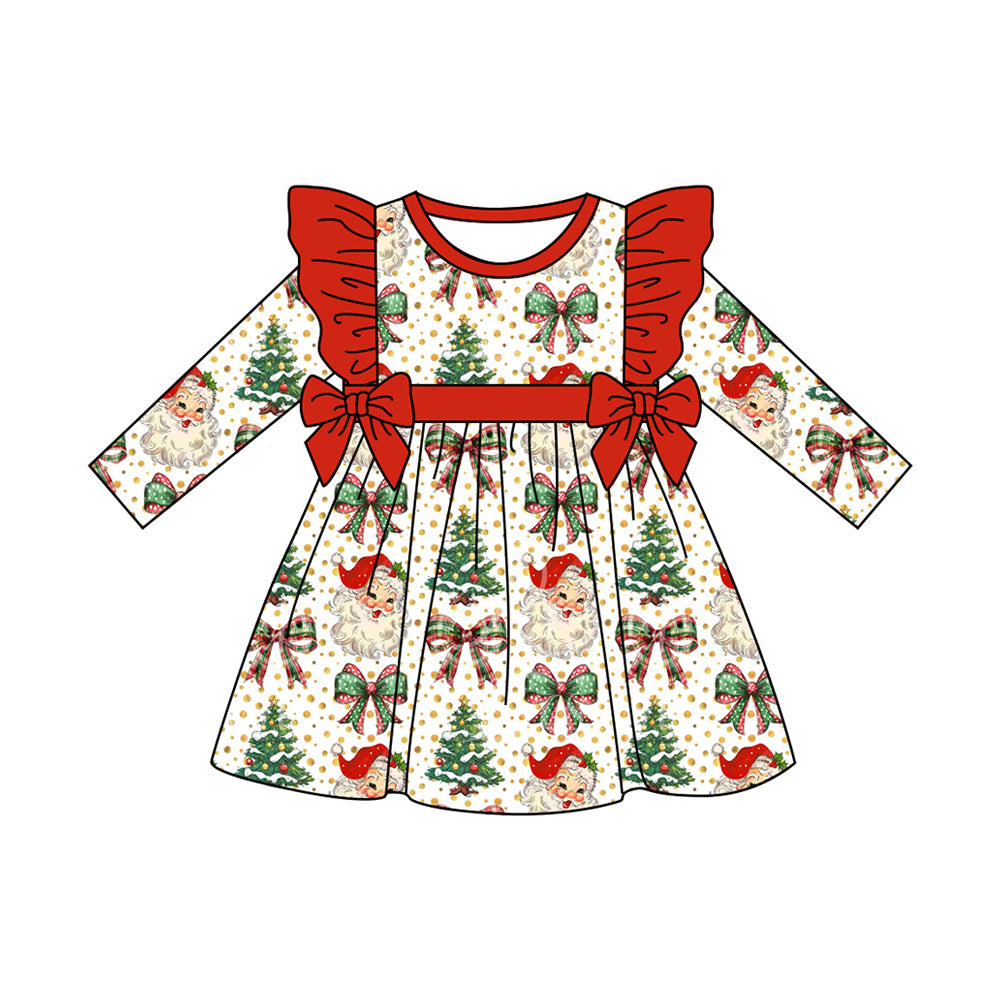 preorder GLD1154 Christmas Santa tree bows red long sleeve girls dress