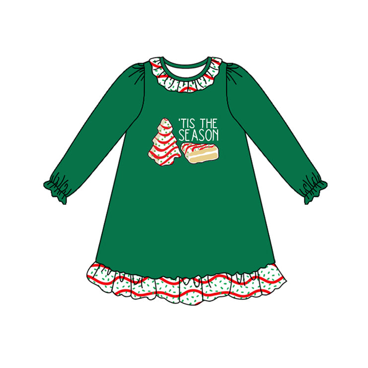 preorder GLD1155 Christmas tis the season tree cake green long sleeve girls dress
