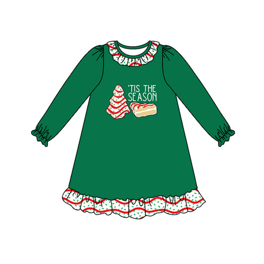preorder GLD1155 Christmas tis the season tree cake green long sleeve girls dress