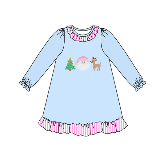 preorder GLD1156 Christmas Santa deer tree blue long sleeve girls dress