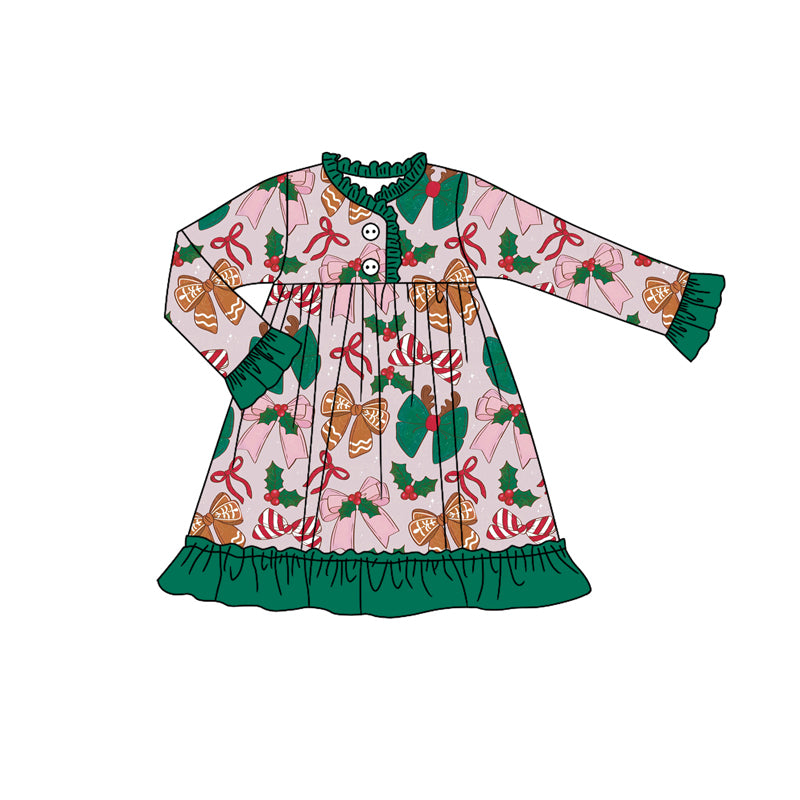 preorder GLD1159 Christmas gingerbread man bows holly berry green long sleeve girls dress