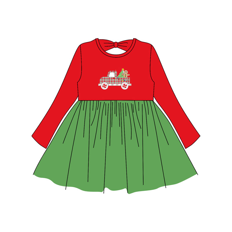 preorder GLD1162 Christmas Gingerbread man truck car red green long sleeve girls dress