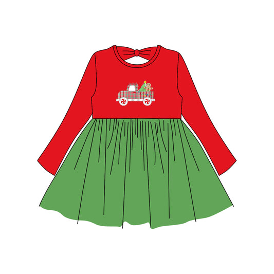 preorder GLD1162 Christmas Gingerbread man truck car red green long sleeve girls dress