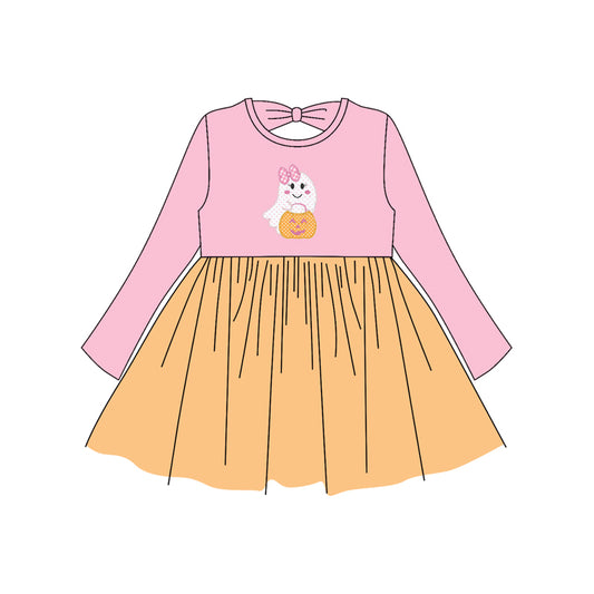 preorder GLD1163 Halloween Spooky pumpkin pink orange long sleeve girls dress