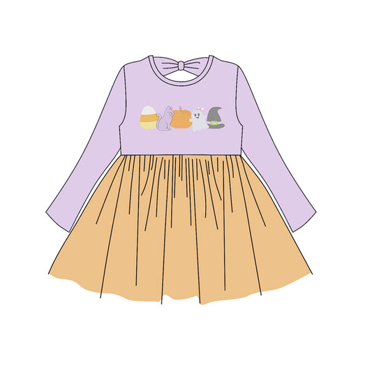 preorder GLD1164 Halloween Spooky pumpkin cat candy cane purple orange long sleeve girls dress