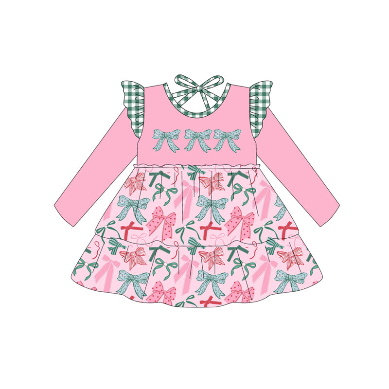 preorder GLD1168 colorful bows pink ruffles long sleeve girls dress