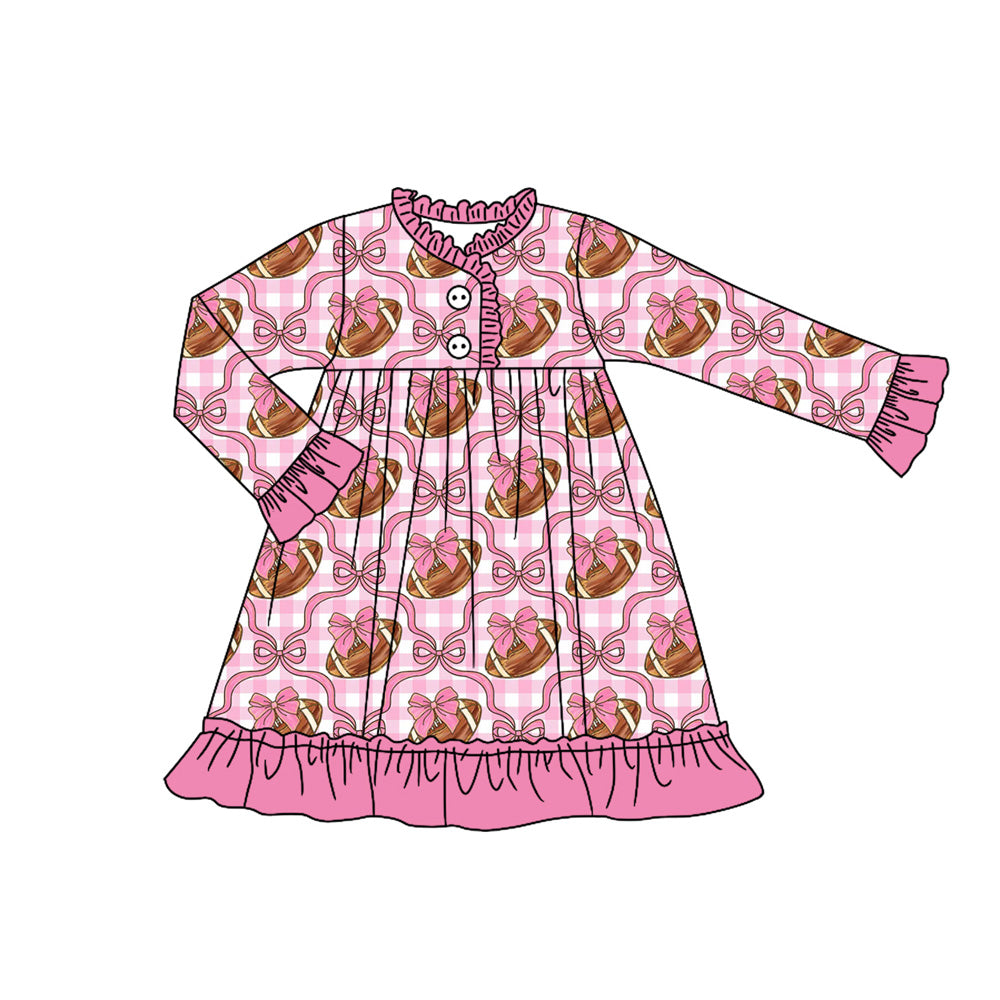 preorder GLD1170 football bows pink checkered long sleeve girls dress