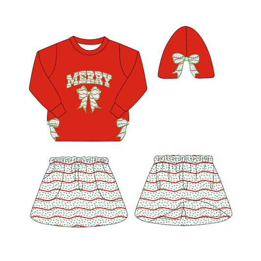 preorder GLD1175 Christmas spilt side bows bows red long sleeve srriped skirt skorts girls set
